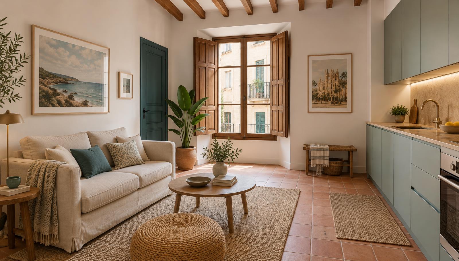 Renovated small apartment living room with kitchen in Palma old town, Mallorca