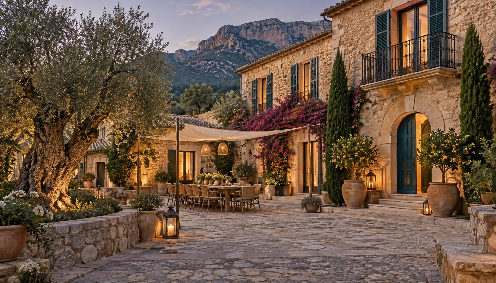 Restored historic stone finca with a paved courtyard, dining table and mountain views on Mallorca