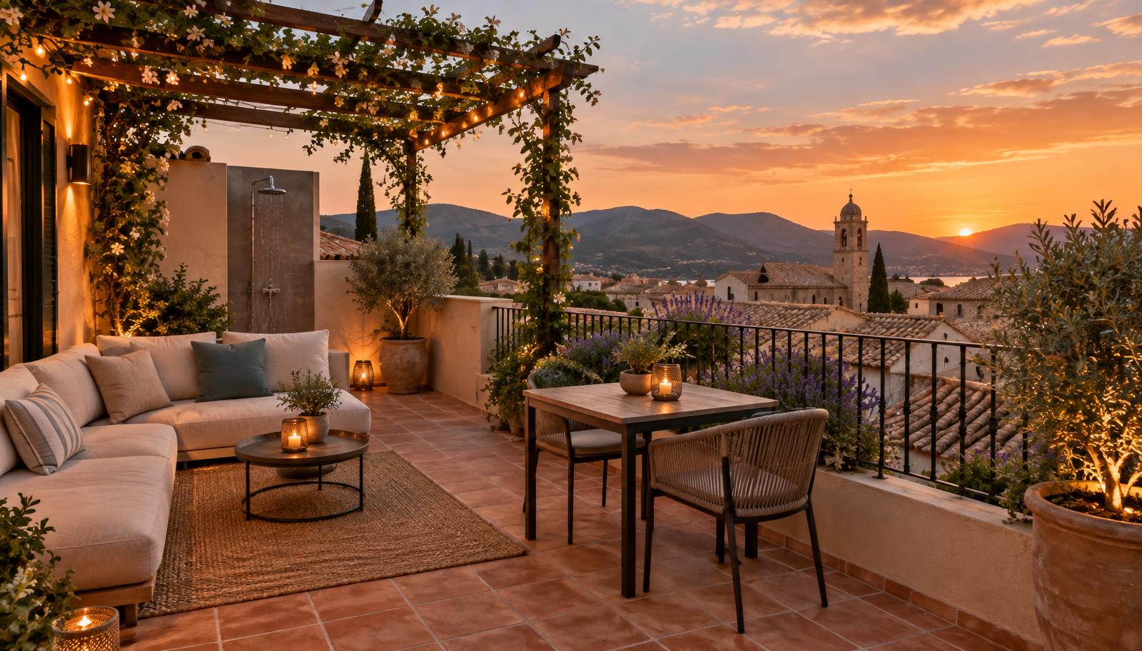 Refurbished roof terrace of a Mallorca townhouse with seating, planting and village views at sunset